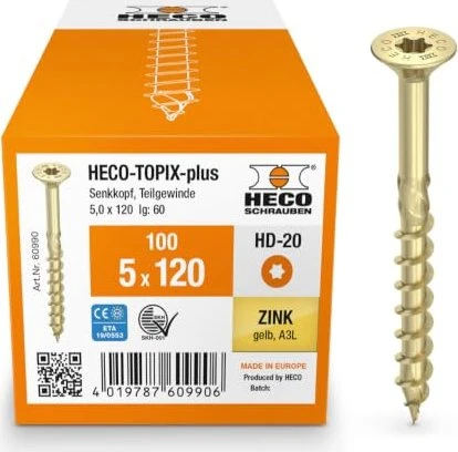 HECO TOPIX-plus verzinkt gelb A3L Torx T20 Holzschraube, 5x120mm, 100 Stück