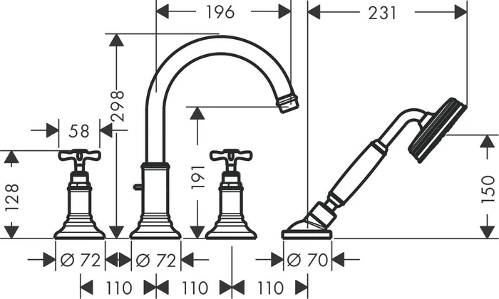 Hansgrohe Axor Montreux 4-Loch Fliesenrandarmatur mit Kreuzgriffen chrom
