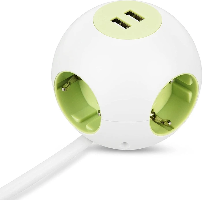 REV Ritter PowerGlobe Steckdosenwürfel, 4-fach, 2x USB, 1.4m, weiß/grün
