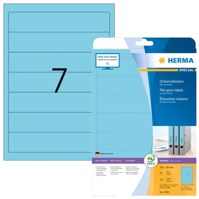 Herma Ordneretiketten, 192x34mm, blau, 20 Blatt (140 Etiketten)