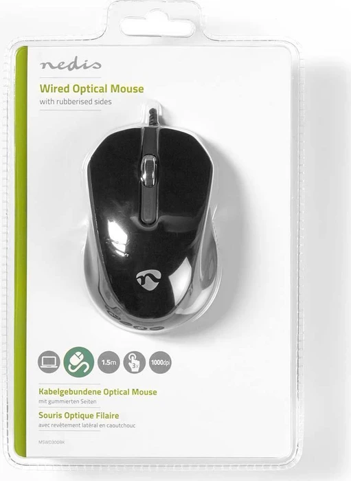Nedis Optical Mouse mit gummierten Seiten, schwarz, USB