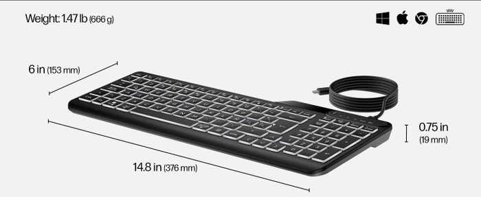 HP 405 Multi-Device Backlit Wired Keyboard, schwarz, USB, DE