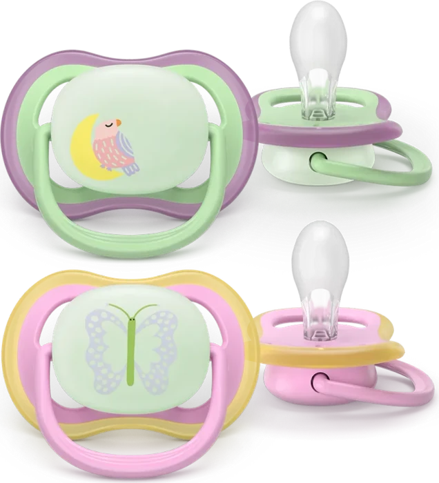 Philips Avent SCF376/29 Ultra Air Nighttime Beruhigungsschnuller, 6-18M, Silikon, vogel/schmetterling, 2 Stück