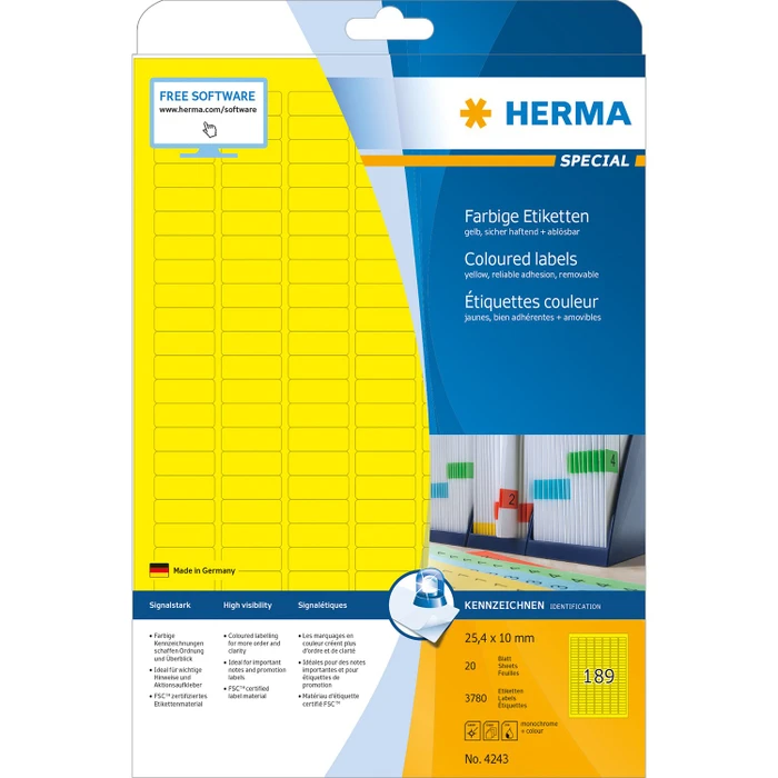 Herma Etiketten, 25.4x10mm, ablösbar, gelb, matt, 20 Blatt (3780 Etiketten)