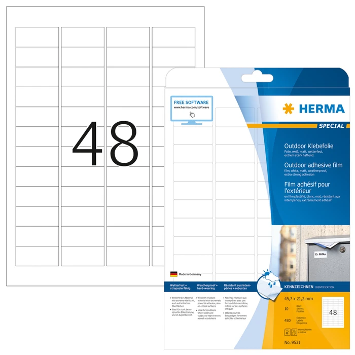 Herma Etiketten Outdoor, 45.7x21.2mm, wetterfest, weiß, matt, 10 Blatt (480 Etiketten)