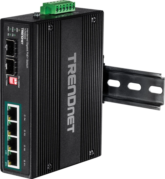 TRENDnet TI Hardened Industrial Railmount Gigabit Switch, 4x RJ-45, 2x SFP, 120W PoE+