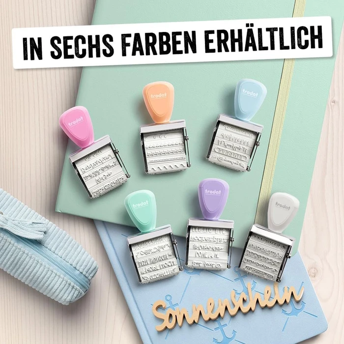 trodat Creative Mini Handstempel mit 12 Abdrucken "Schulplaner" inkl. 3-farbigem Kissen, 30x5mm, pastell blau, 2er-Set