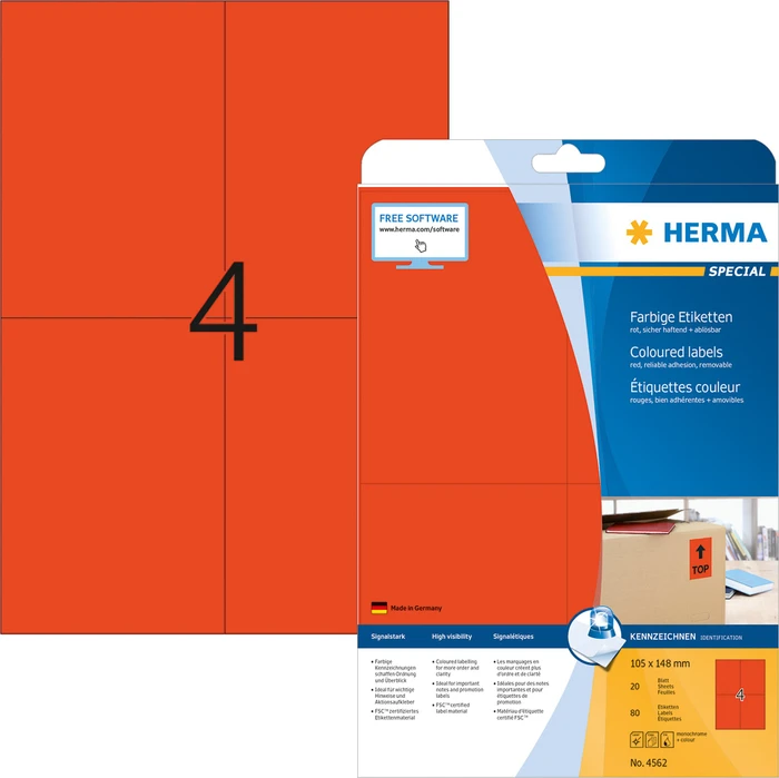 Herma Etiketten, 105x148mm, ablösbar, rot, 20 Blatt (80 Etiketten)