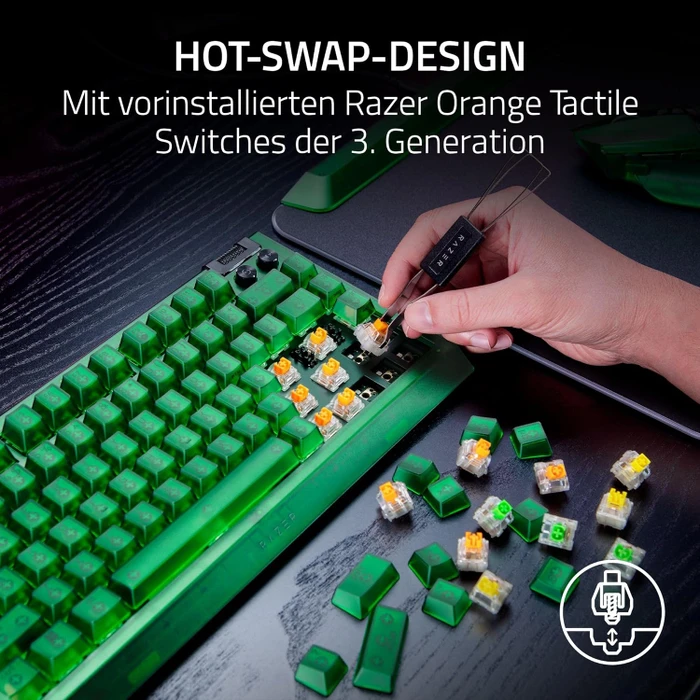 Razer BlackWidow V4 75%, Phantom Green - 20th Anniversary Edition, hot-swap, Razer ORANGE Tactile Gen-3, USB/Bluetooth, US