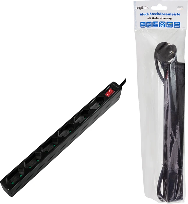 LogiLink Steckdosenleiste mit Schalter, 6-fach, Euro schmal, 1.5m, schwarz