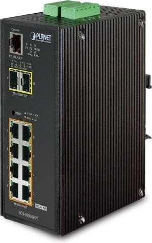 Planet IGS-10020HPT Industrial Railmount Gigabit Managed Switch, 8x RJ-45, 2x SFP, 270W PoE+