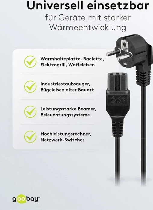 Wentronic Goobay Warmgeräte Netzkabel, Schutzkontakt auf Warmgerätestecker C15, schwarz, 2m
