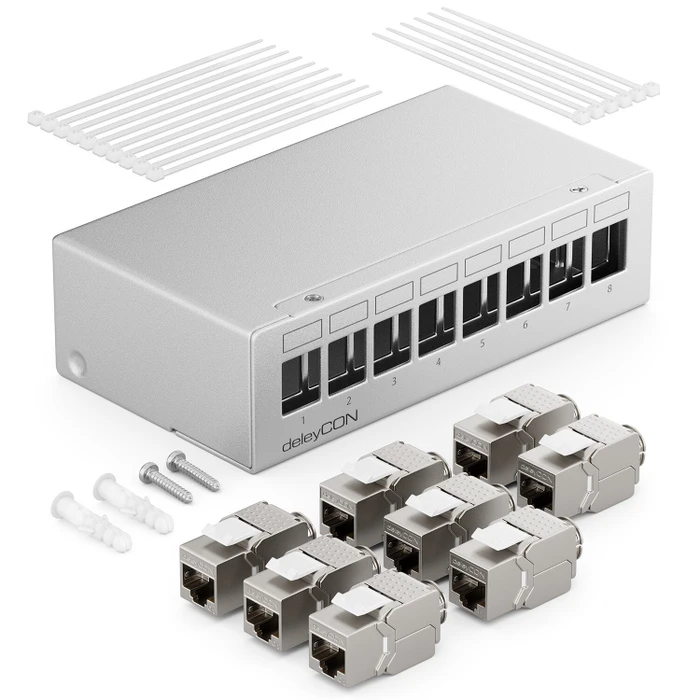 deleyCON Patchpanel Gehäuse für Keystone Module, 1HE, inkl. RJ-45 Cat6a Module, 8-Port, 1HE