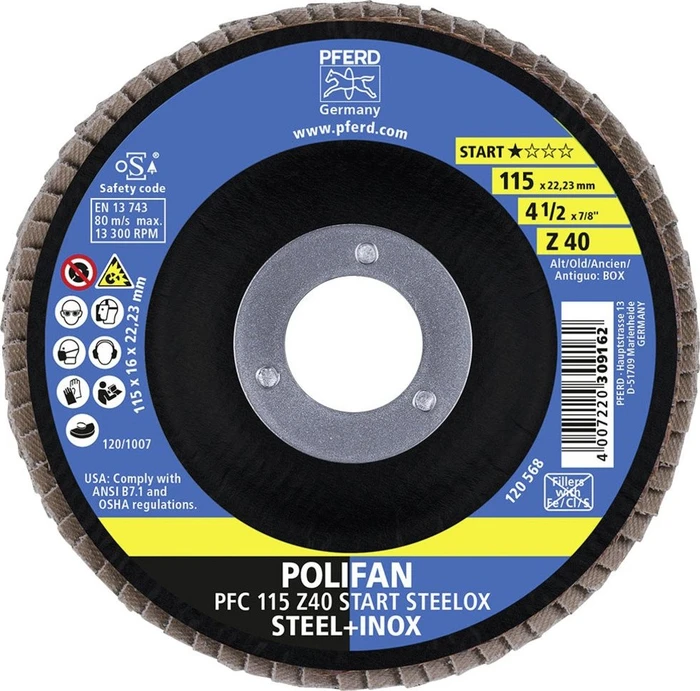 Pferd PFC 115 Z 40 START STEELOX POLIFAN Fächerschleifscheibe K40, 115x22.23mm, 10 Stück