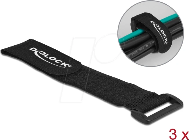 DeLOCK Klett-Kabelbinder mit Schlaufe, 38mm, 280mm, schwarz, 3 Stück