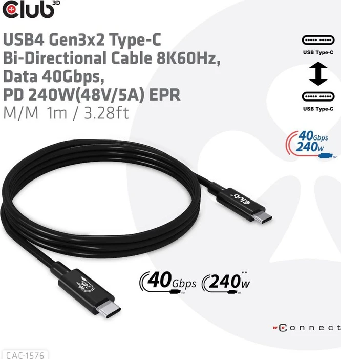 Club 3D USB-C Kabel, USB4 Gen3x2, 40Gb/s, 8K60Hz, 240W PD EPR, USB-C Stecker auf USB-C Stecker, 1m