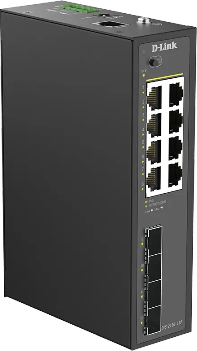 D-Link DIS-210G-12P Industrial Railmount Gigabit Smart Switch, 8x RJ-45, 4x SFP, 240W PoE+