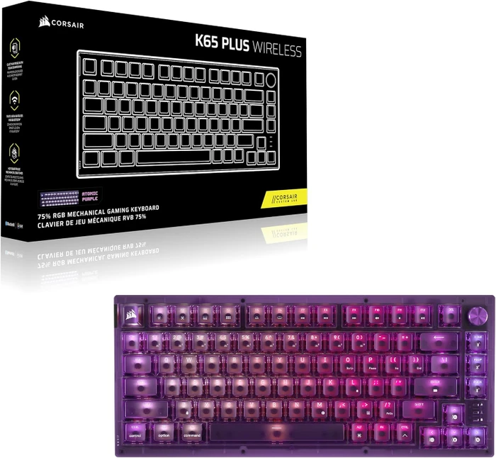 Corsair Gaming K65 Plus Wireless 75% RGB, Atomic Purple, MLX RED V2, USB/Bluetooth, UK