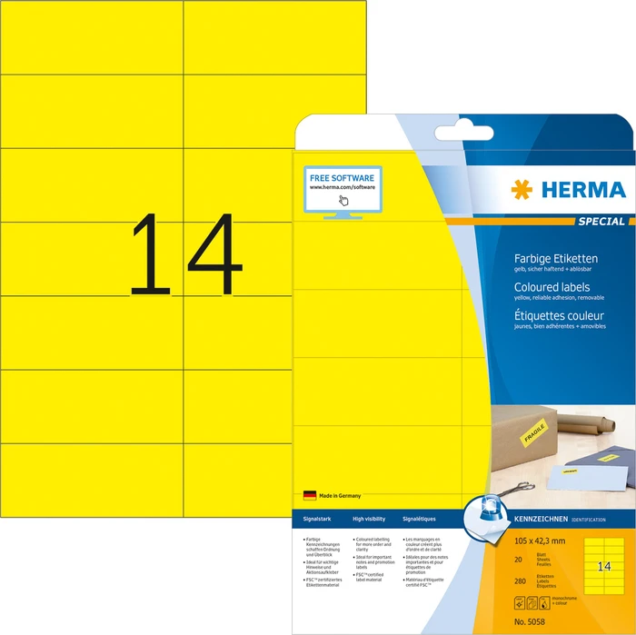 Herma Etiketten, 105x42.3mm, ablösbar, gelb, 20 Blatt (280 Etiketten)