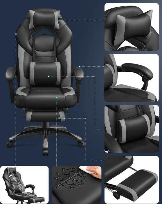 Songmics Gamingstuhl mit Fußstütze, schwarz/grau