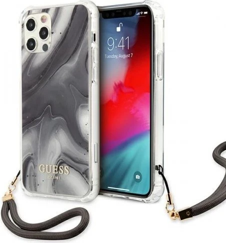 Guess Hard Cover Marble with Cord für Apple iPhone 12 Pro Max grau