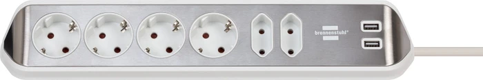 Brennenstuhl estilo Ecksteckdosenleiste, Tischsteckdose, 6-fach, 2x USB-A, 2m, silber/weiß
