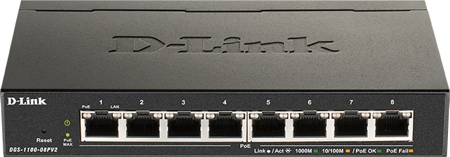 D-Link DGS-1100 Desktop Gigabit Smart Switch, 8x RJ-45, 64W PoE+