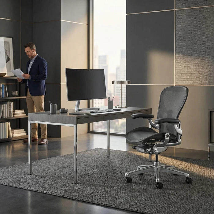 Herman Miller Aeron remastered Bürostuhl, Graphite grau, Größe B, Armlehnen Vinyl, Fußkreuz/Mechanik Alu-poliert