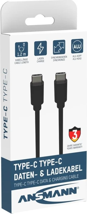Ansmann USB-C Kabel, USB 3.0, 5Gb/s, 60W PD 3.0, USB-C Stecker auf USB-C Stecker, schwarz, 1.2m