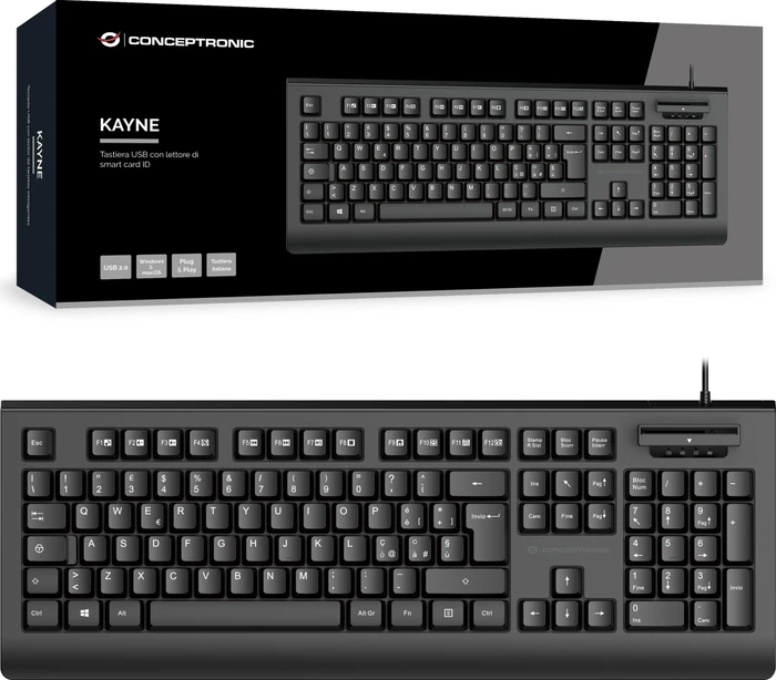 Conceptronic Kayne Tastatur mit SmartID-Kartenleser, schwarz, USB, IT