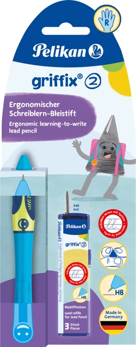 Pelikan griffix 2 Druckbleistift HB 2mm graphit, neon fresh blue, Rechtshänder, Blister, 3 Minen