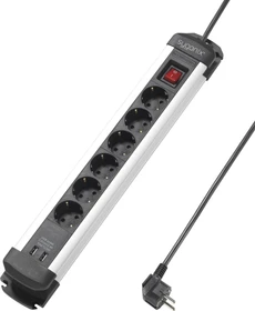 Sygonix Steckdosenleiste mit Schalter, 6-fach, mit 2x USB, 3m, schwarz/silber