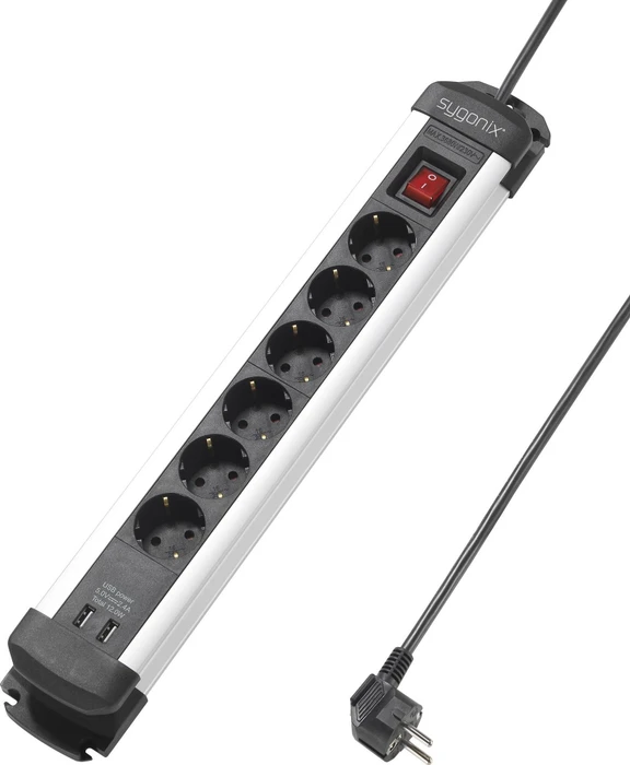 Sygonix Steckdosenleiste mit Schalter, 6-fach, mit 2x USB, 3m, schwarz/silber