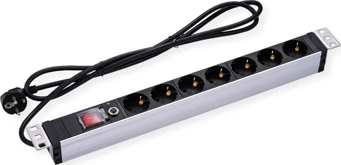 Value 19" Aluminium Steckdosenleiste, mit Schalter und Überlastschutz, 1HE, 7-fach, 250V, schwarz/silber, 1.8m
