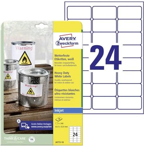 Avery-Zweckform Folienetiketten, 63.5x33.9mm, wetterfest, weiß, 10 Blatt (240 Etiketten)