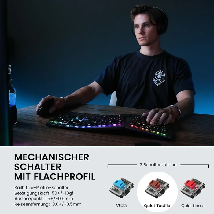 Perixx Periboard-835 Ergo Wireless, schwarz, LEDs RGB, Kailh Choc LOW PROFILE BROWN, USB/Bluetooth, DE