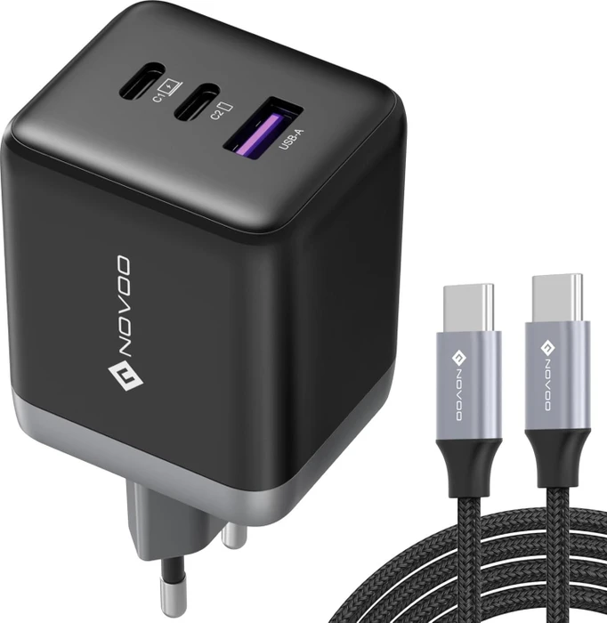 Novoo 100W 3-Port USB-C Ladegerät GaN III schwarz/grau