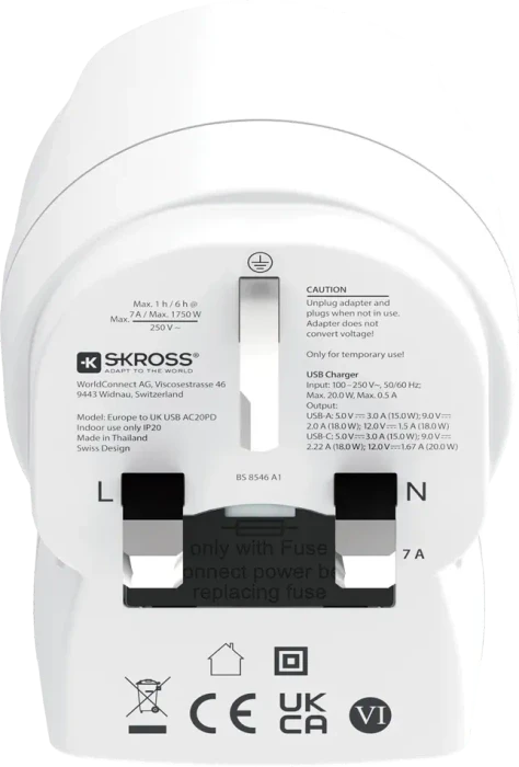 Skross Europe to UK USB AC20PD, 1x USB-A, 1x USB-C