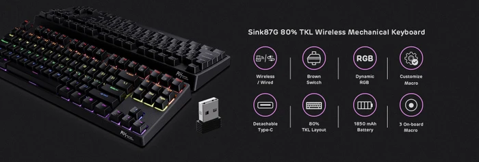 RK Royal Kludge RK87 Wireless TKL, LEDs RGB, schwarz, RK BROWN, USB, US