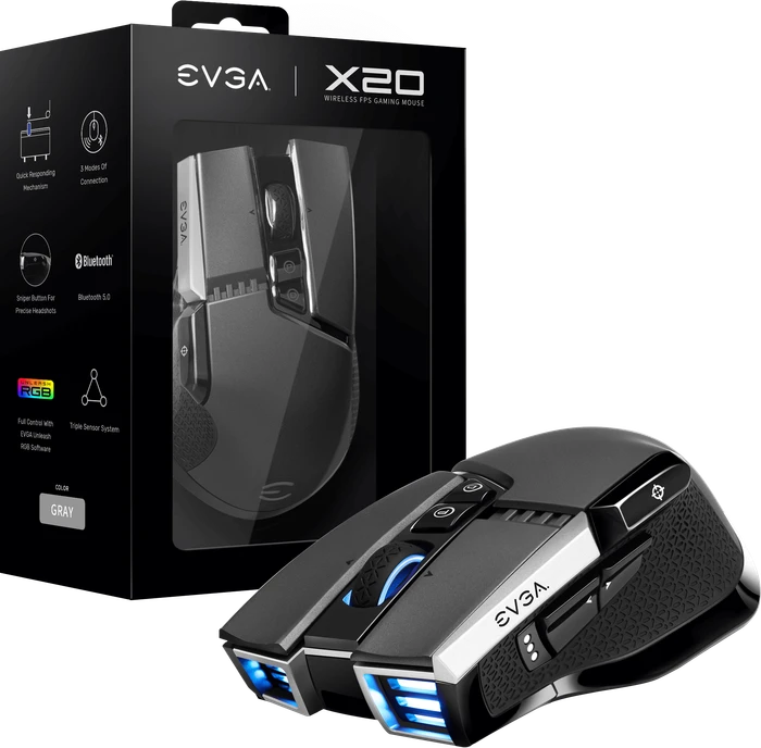 EVGA X20 Wireless Gaming Maus grau, USB/Bluetooth