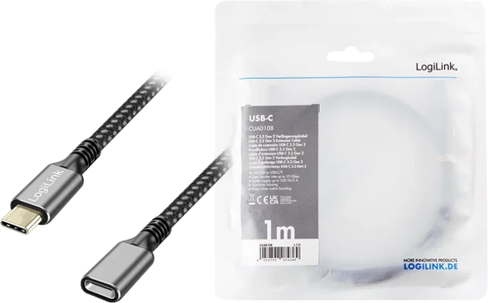 LogiLink USB-C Verlängerung, USB 3.1, 10Gb/s, USB-C 3.1 [Stecker] auf USB-C 3.1 [Buchse], Verlängerungskabel C/C, 1m, schwarz