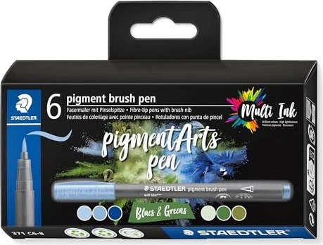 Staedtler pigment brush pen 371 blue & greens sortiert, 6er-Set