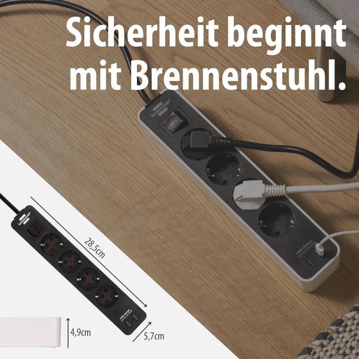 Brennenstuhl Ecolor mit USB-Ladefunktion, 4-fach, 2x USB-C, mit Schalter, 1.5m, weiß/schwarz