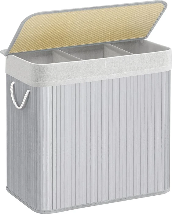 Songmics Bambus 150l Wäschekorb mit Deckel und 3 Fächern