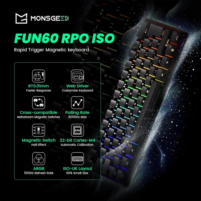 Akko MonsGeek FUN60 Pro HE, schwarz, LEDs RGB, hot-swap, Akko Glare Magnetic, USB, UK
