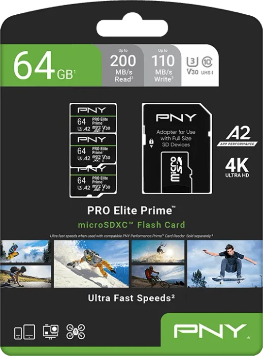 PNY Pro Elite Prime R200/W110 64GB, UHS-I U3, A2, Class 10, 3er-Pack