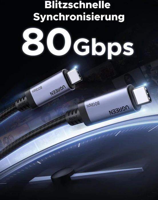Ugreen USB4 Kabel, USB4 v2, 80Gb/s, 16K60Hz, 240W PD 3.1, USB-C Stecker auf USB-C Stecker, schwarz, ummantelt, 1m