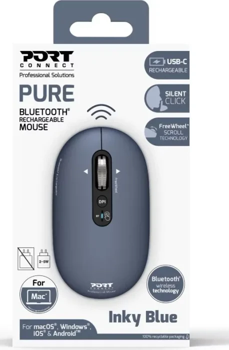 Port Designs Pure Mac Bluetooth Rechargeable Mouse, Inky Blue, Bluetooth