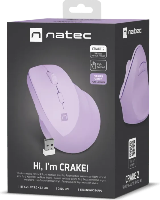 Natec Crake 2 Vertical Wireless Mouse Pure Lavender, USB/Bluetooth
