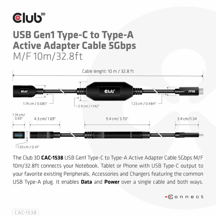 Club 3D USB-C 3.0 Kabel, aktiv, 5Gb/s, USB-C 3.0 Stecker auf USB-A 3.0 Buchse, 10m